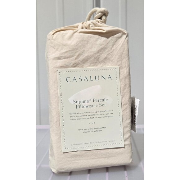 Casaluna 100% Supima Cotton Percale Natural Beige King Pillowcase Set 20" x 40" - Picture 2 of 6